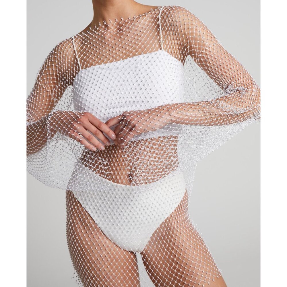 SHARLIZE MINI DRESS - DIAMANTE MESH LONG SLEEVE DRESS IN WHITE